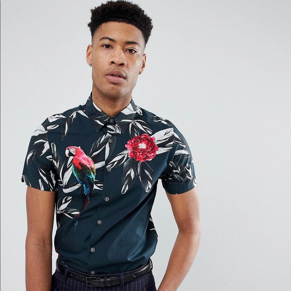 Ted Baker Men’s T For Tall Slim Short Sleeved Dress Shirt Tropical Floral Print - Picture 13 of 13